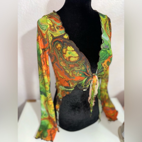 Shein multi-coloured sheer tie-front top with bell sleeves XS - Picture 3 of 8